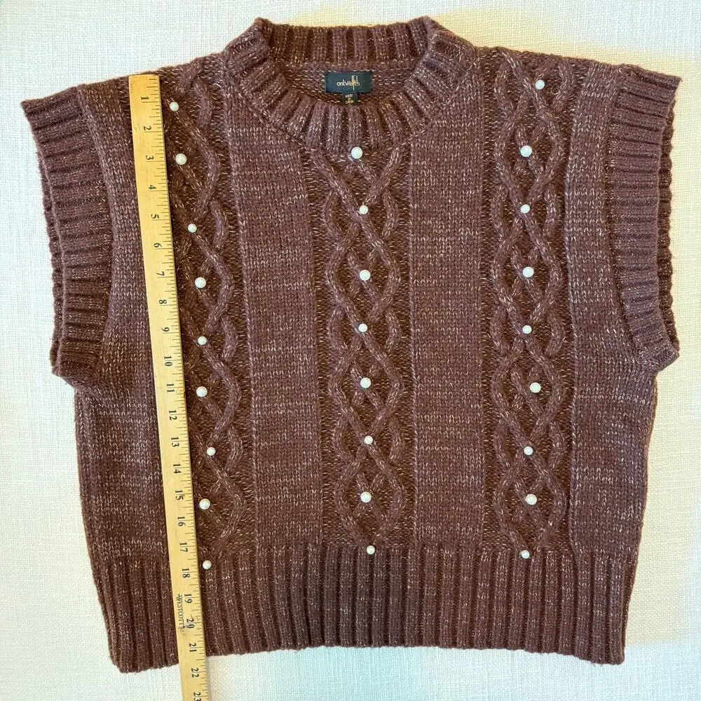 OntWelfth Metallic Knit Sleeveless Sweater Vest with Pearls – Brown Shimmer, XL - Picture 8 of 15